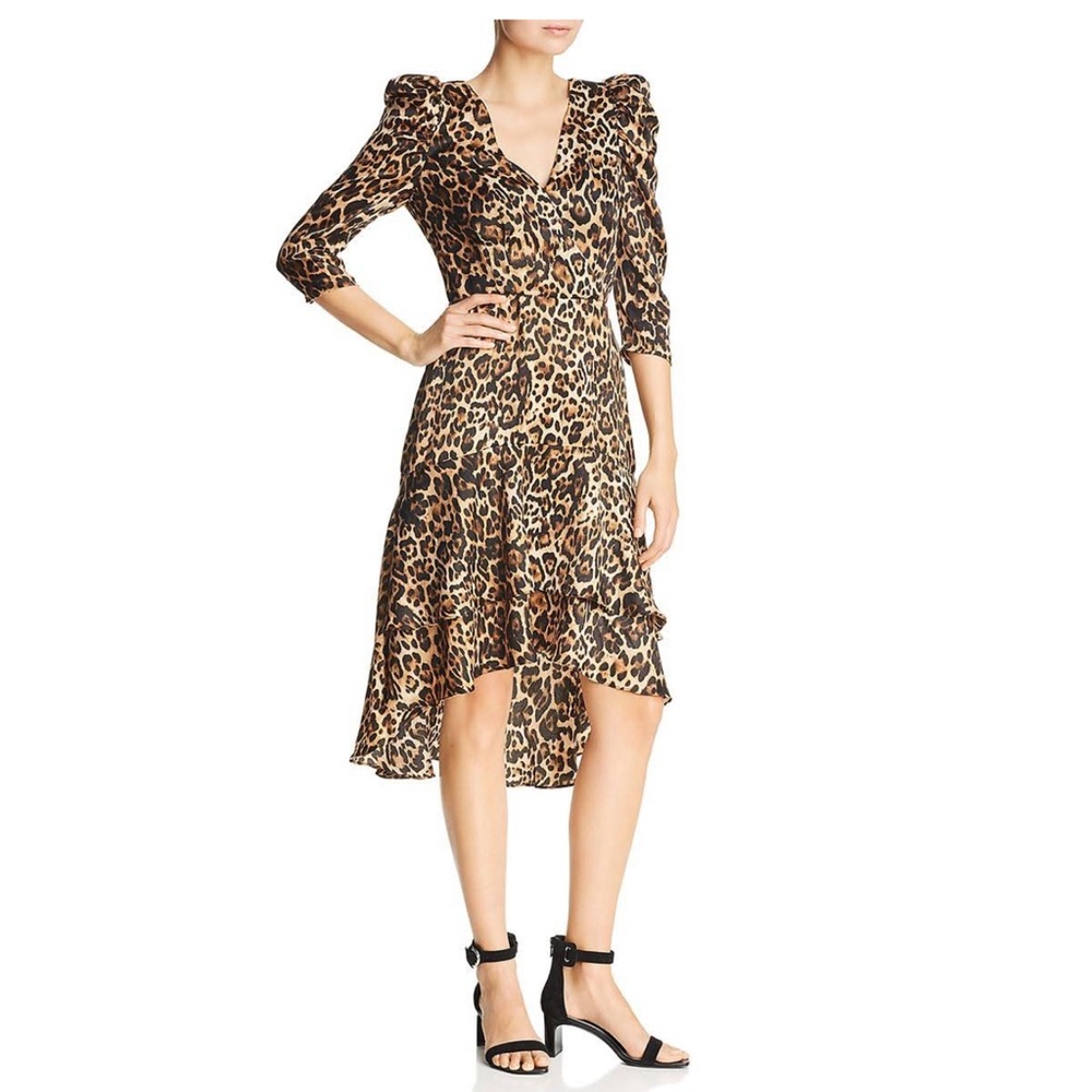 NWT Lucy Paris Wrap Font, Puff Sleeve Asymmetric Ruffle Leopard Dress, Small